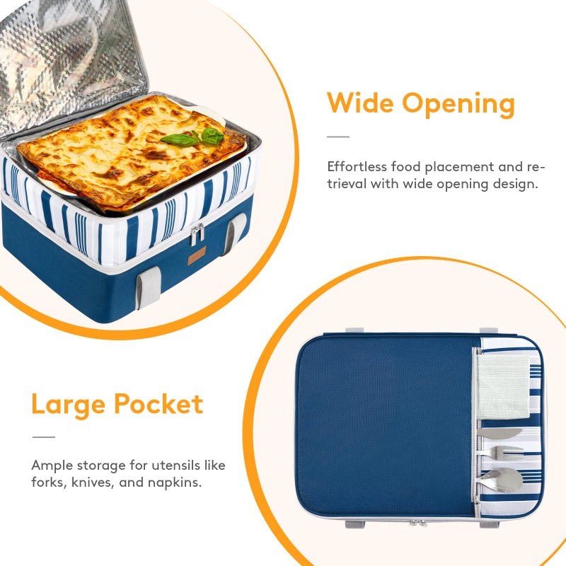 LUNCIA Double Decker Insulated Casserole Carrier for Hot or Cold Food, Lasagna Holder Tote for Potluck Parties/Picnic/Cookouts, Fits 9"x13" Baking Dish, Blue - Image 5